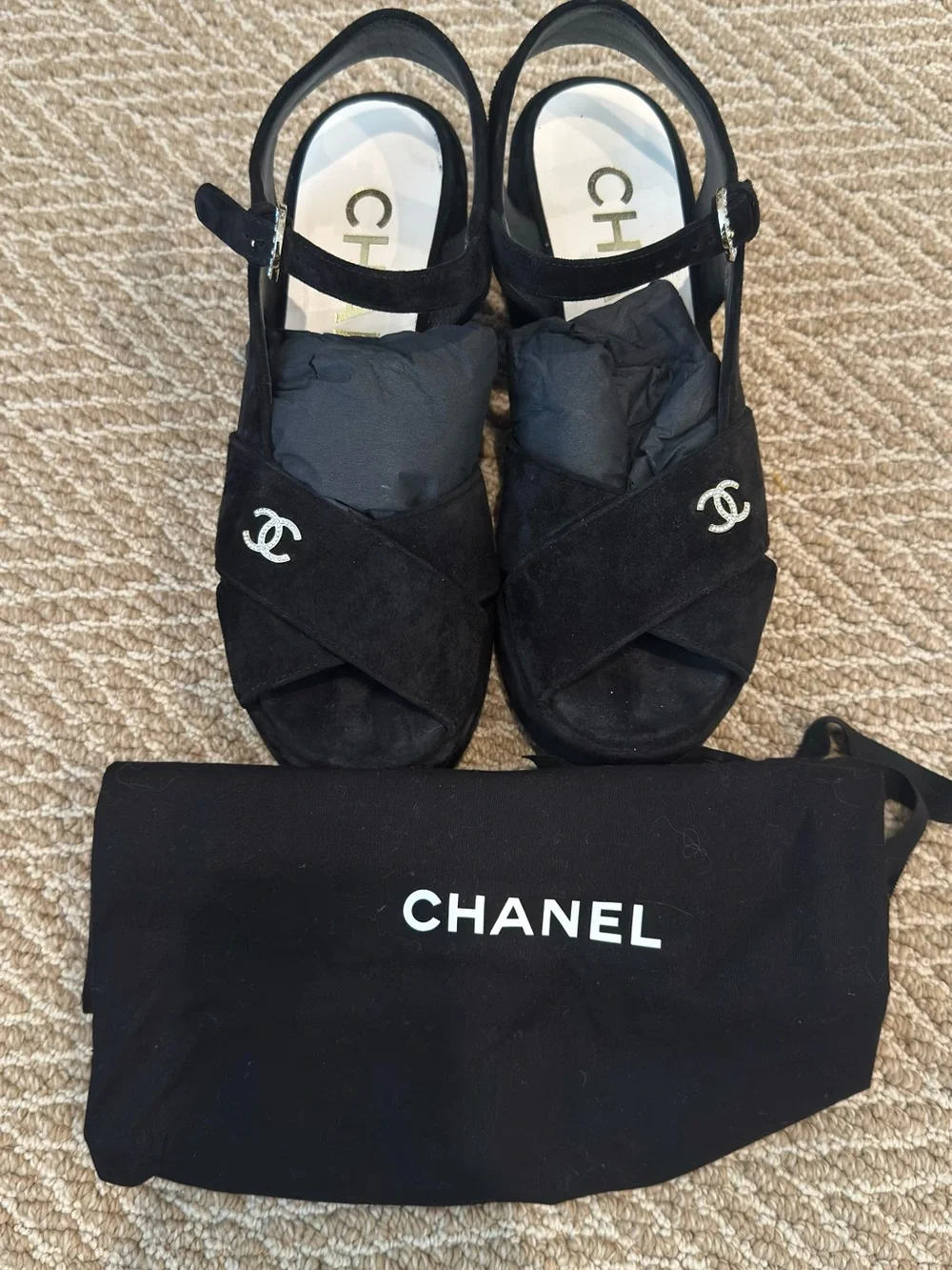 CHANEL Black Suede Slingback platform Sandals with rhinestone CC and Buckle